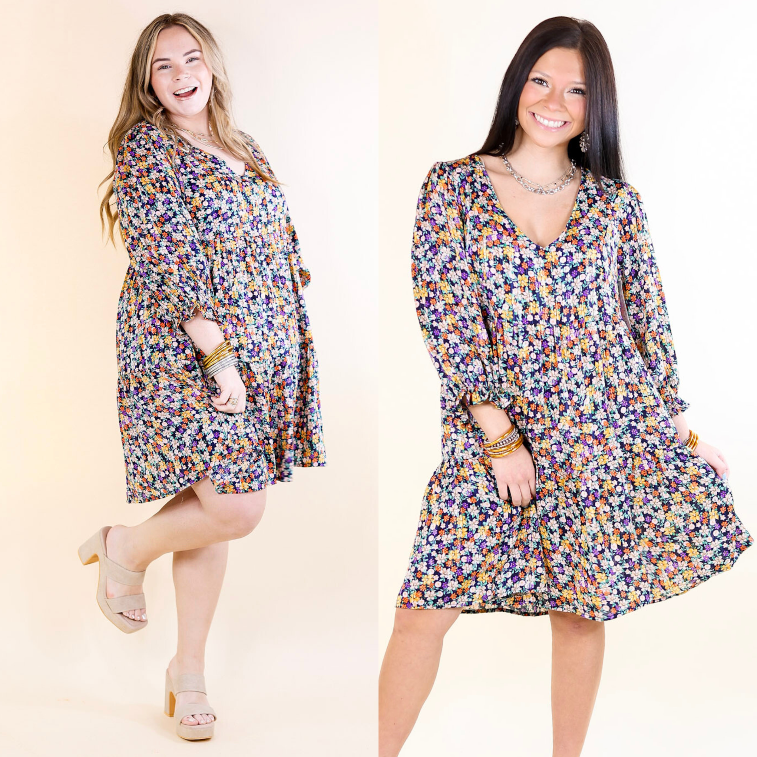 Pretty Personality Tiered Floral Dress in Navy Blue