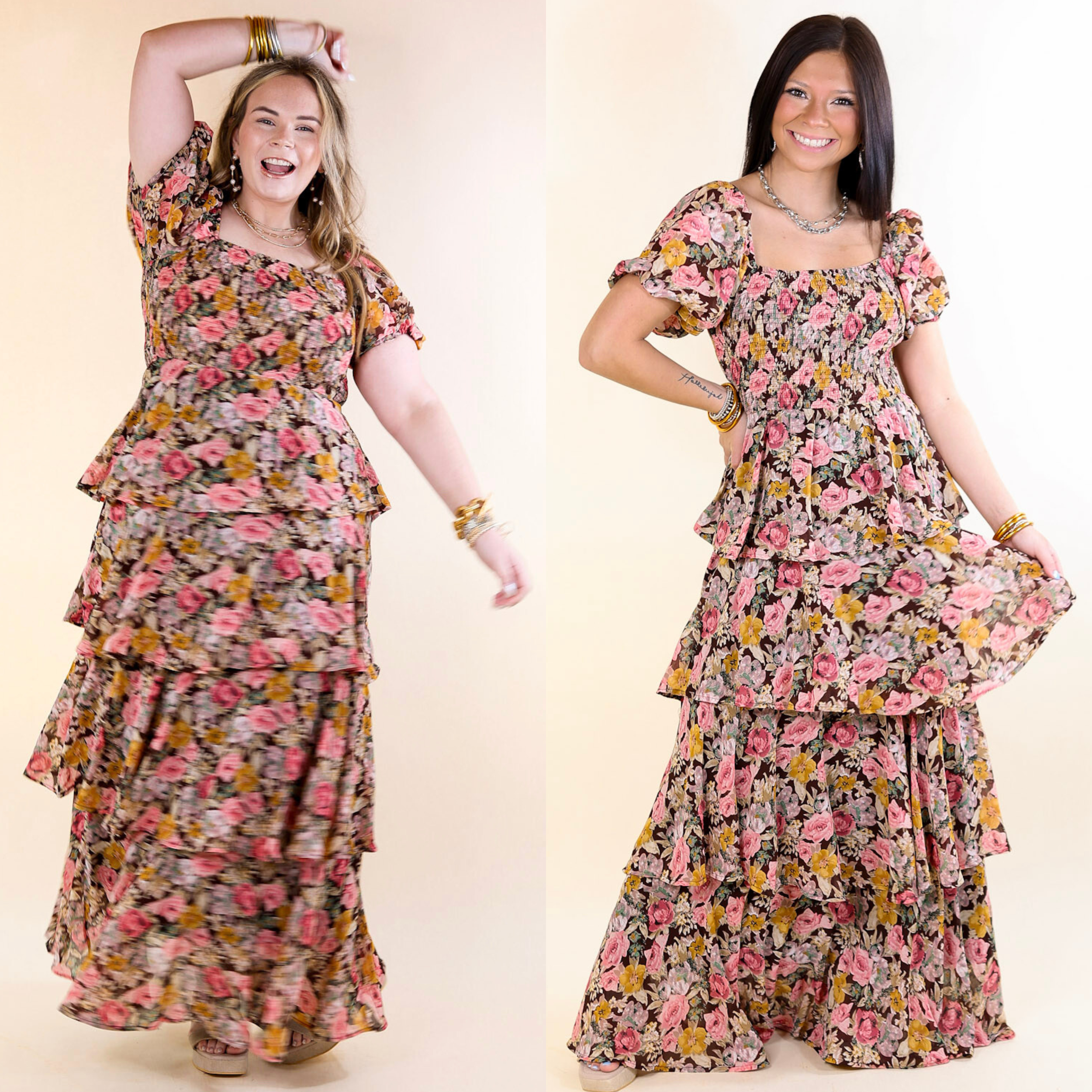 Fun Feeling Floral Tiered Maxi Dress with Smocked Balloon Sleeves in Brown Mix