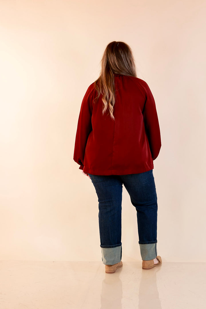 Ties That Bind Bow Tie Neck Long Sleeve Blouse in Maroon