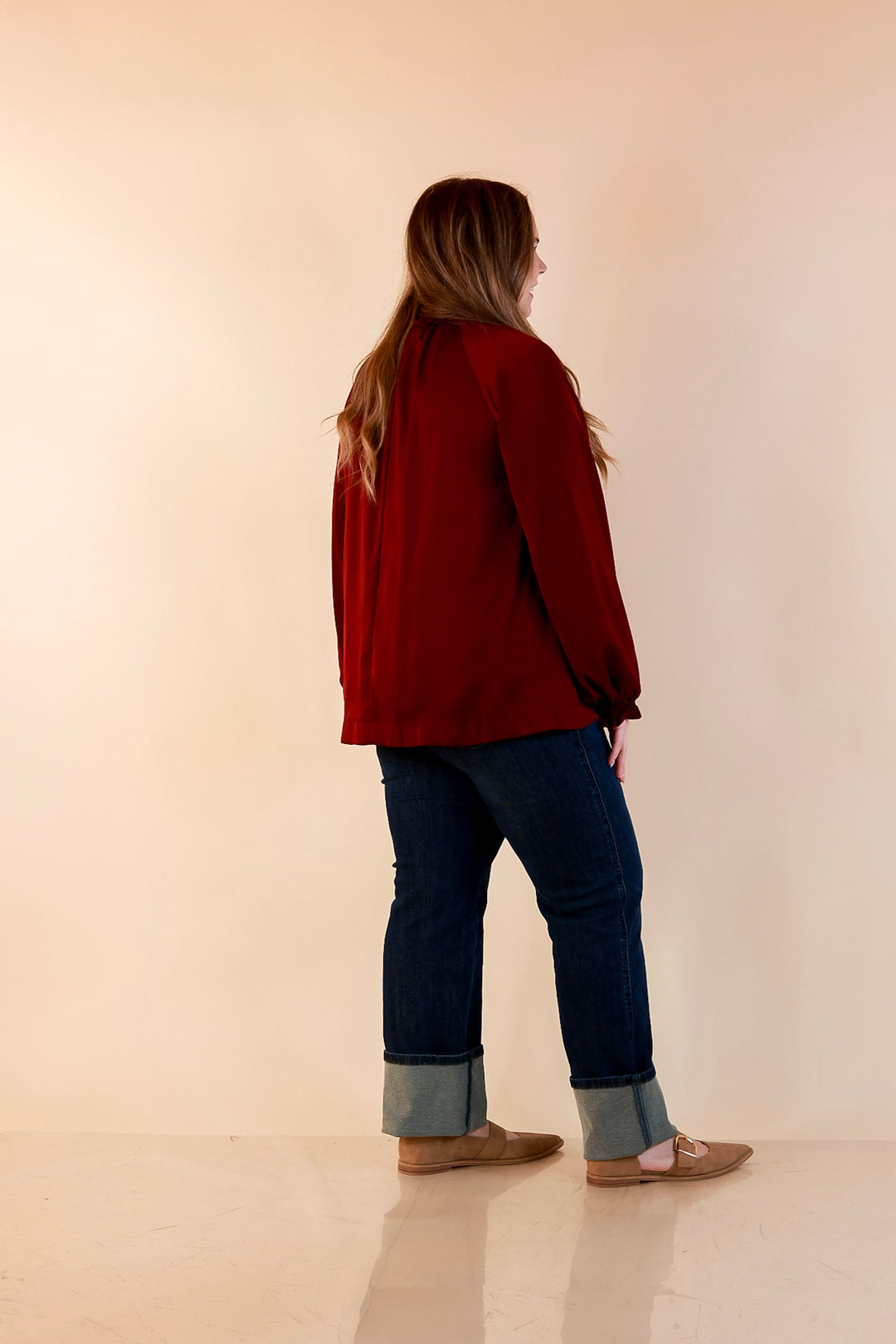 Ties That Bind Bow Tie Neck Long Sleeve Blouse in Maroon