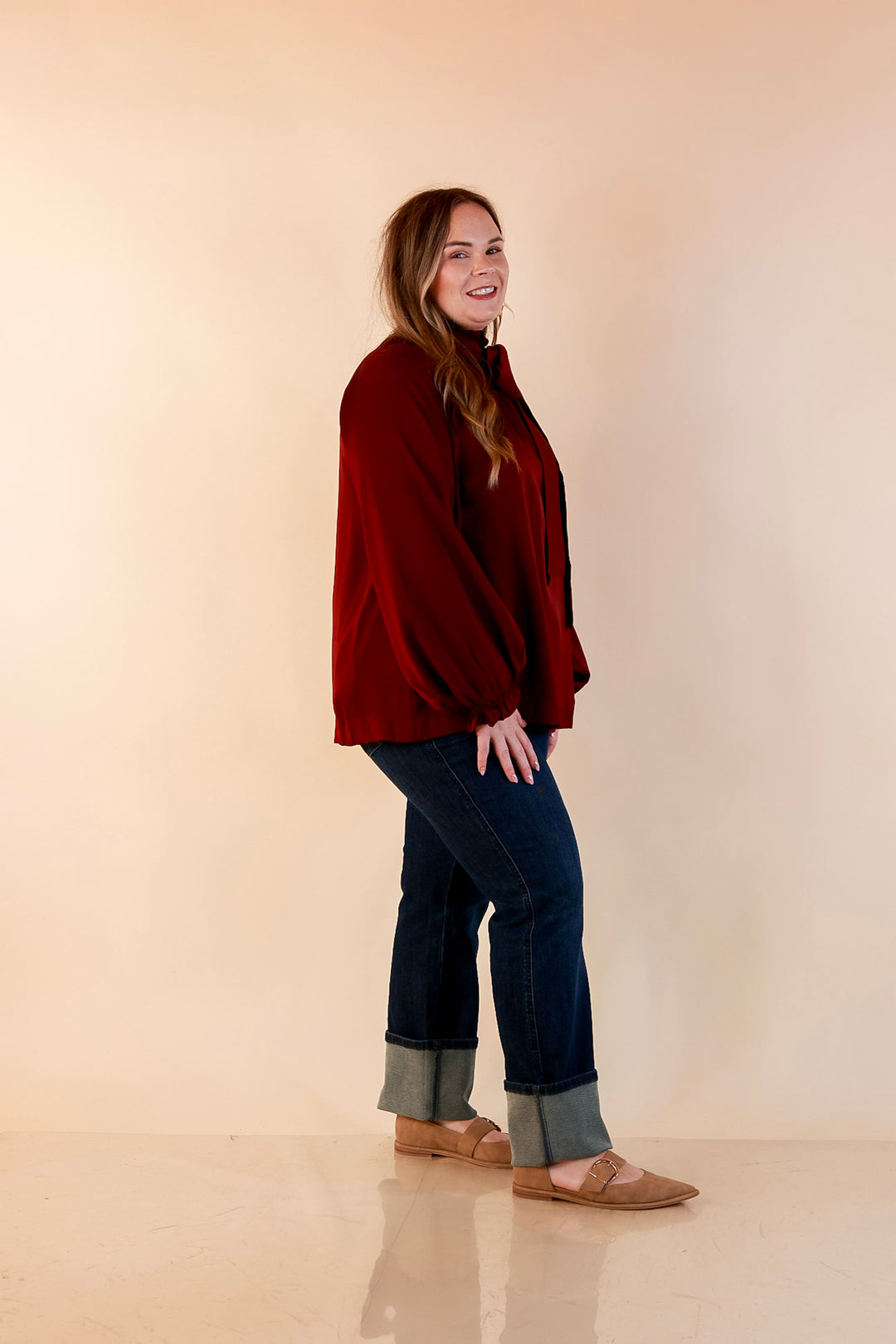 Ties That Bind Bow Tie Neck Long Sleeve Blouse in Maroon