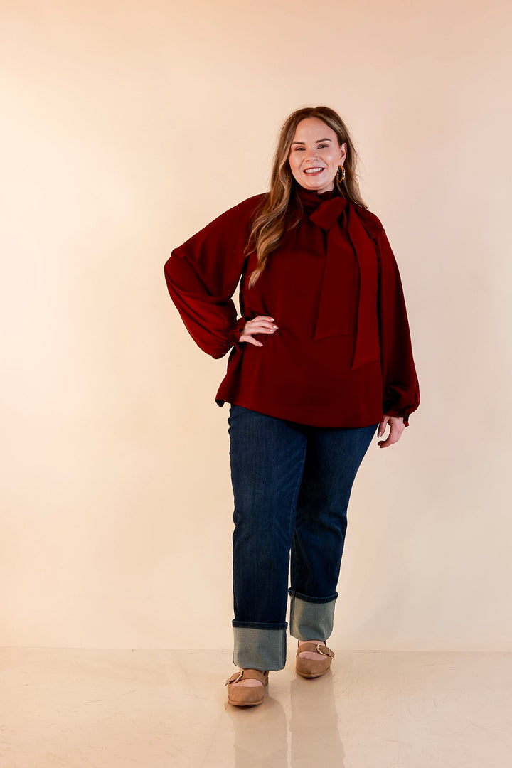 Ties That Bind Bow Tie Neck Long Sleeve Blouse in Maroon