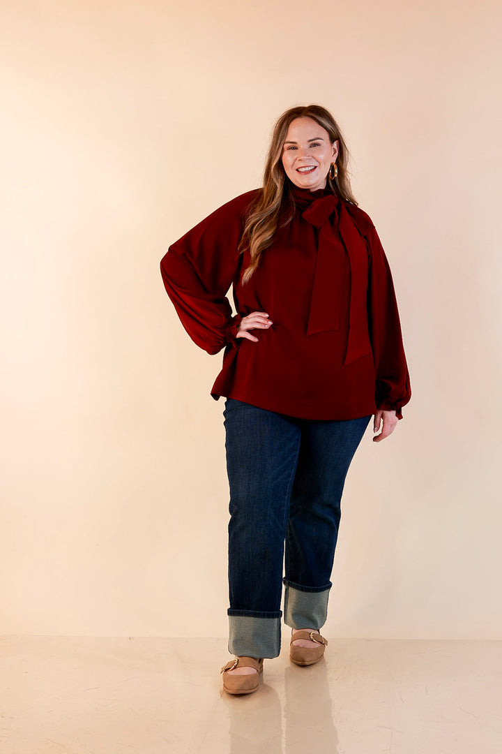 Ties That Bind Bow Tie Neck Long Sleeve Blouse in Maroon