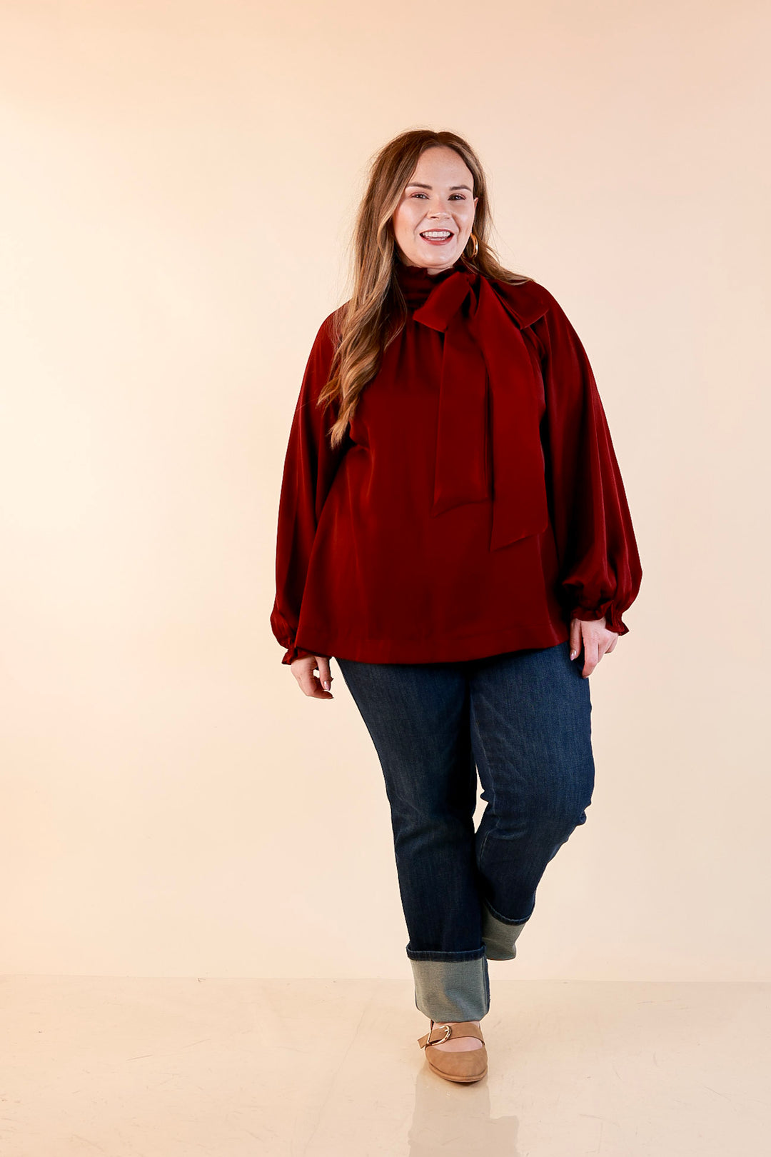 Ties That Bind Bow Tie Neck Long Sleeve Blouse in Maroon