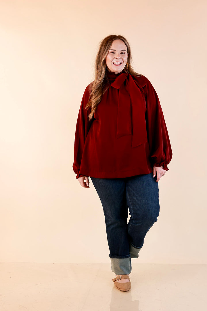 Ties That Bind Bow Tie Neck Long Sleeve Blouse in Maroon
