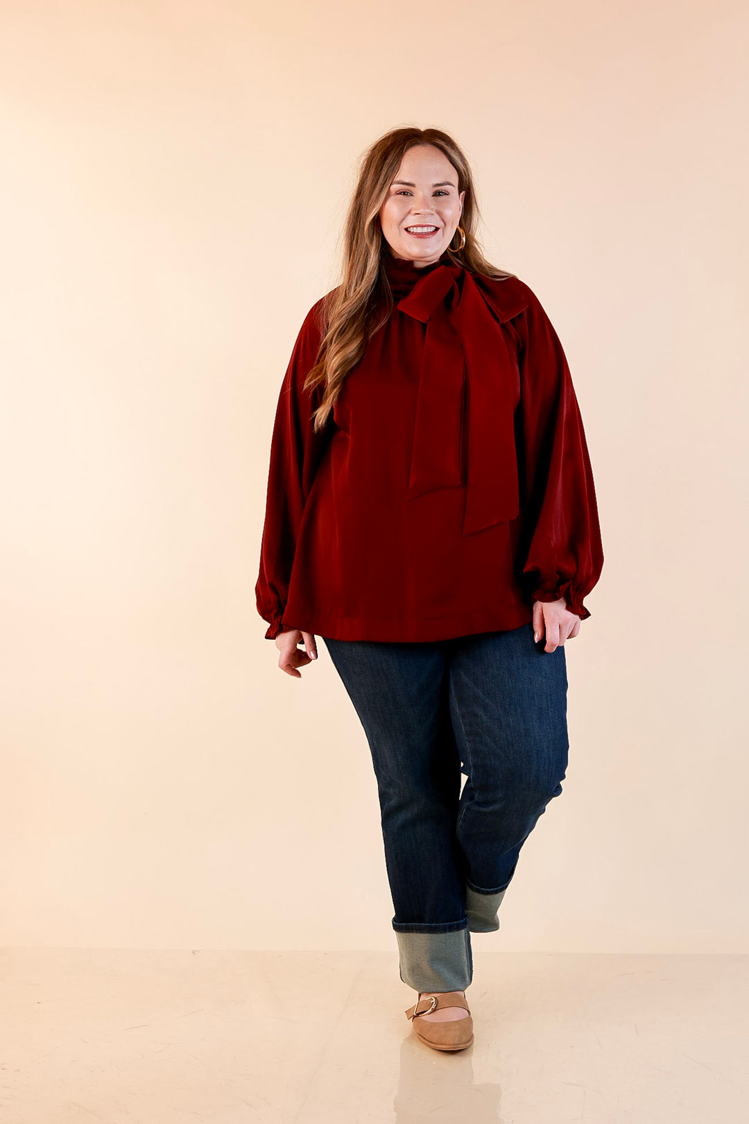 Ties That Bind Bow Tie Neck Long Sleeve Blouse in Maroon