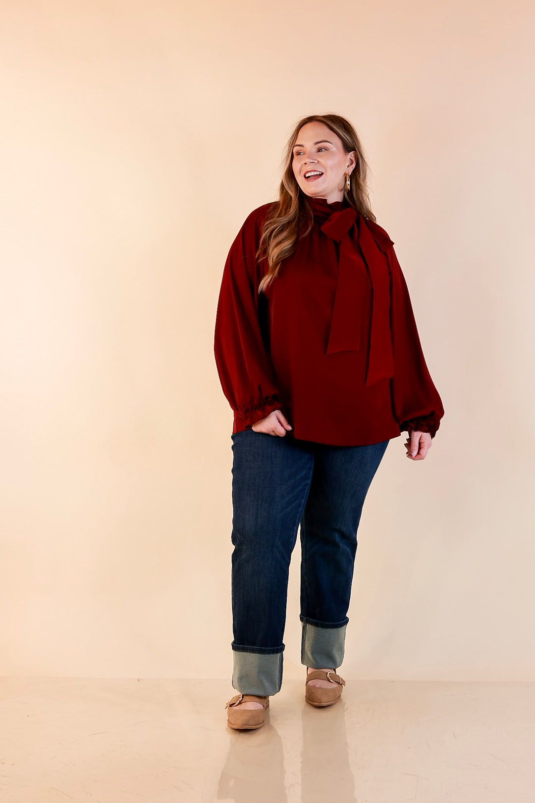 Ties That Bind Bow Tie Neck Long Sleeve Blouse in Maroon