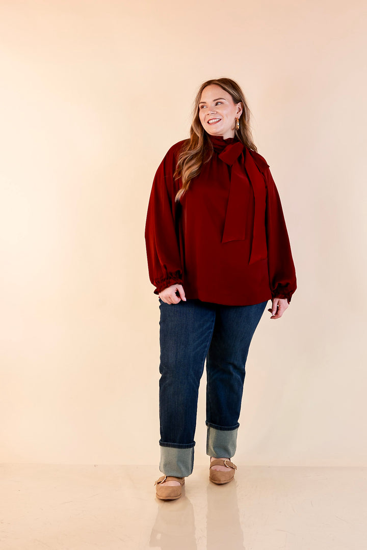 Ties That Bind Bow Tie Neck Long Sleeve Blouse in Maroon