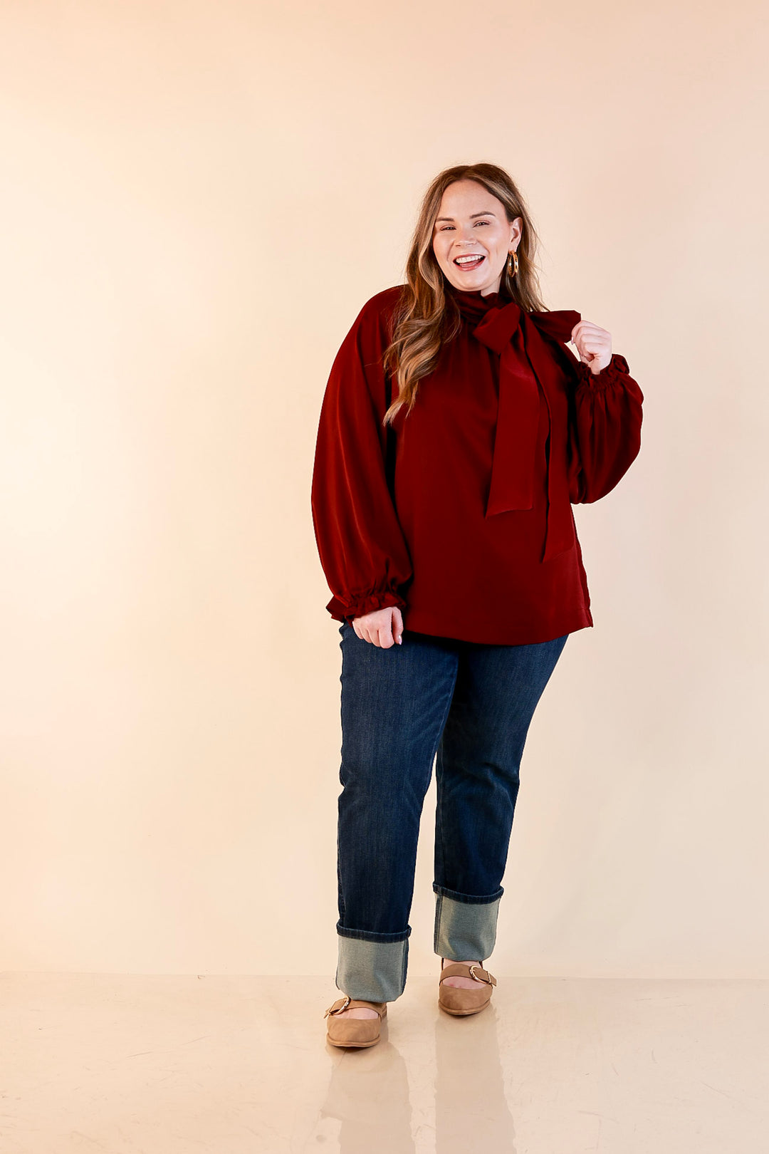 Ties That Bind Bow Tie Neck Long Sleeve Blouse in Maroon