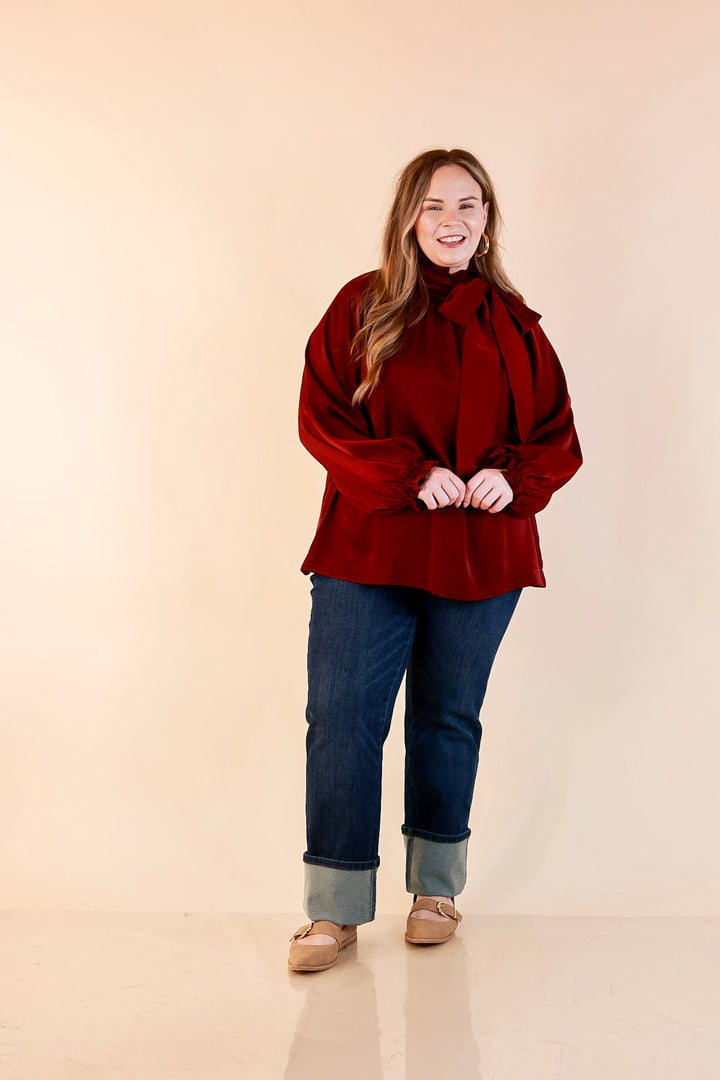 Ties That Bind Bow Tie Neck Long Sleeve Blouse in Maroon