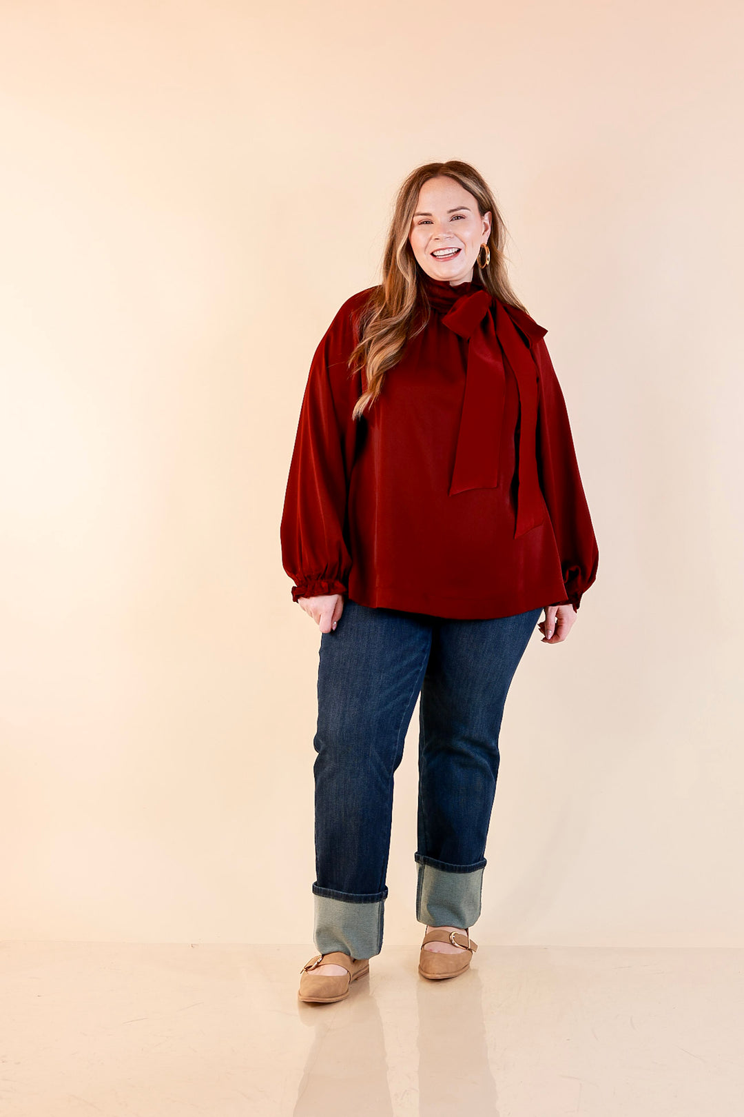 Ties That Bind Bow Tie Neck Long Sleeve Blouse in Maroon