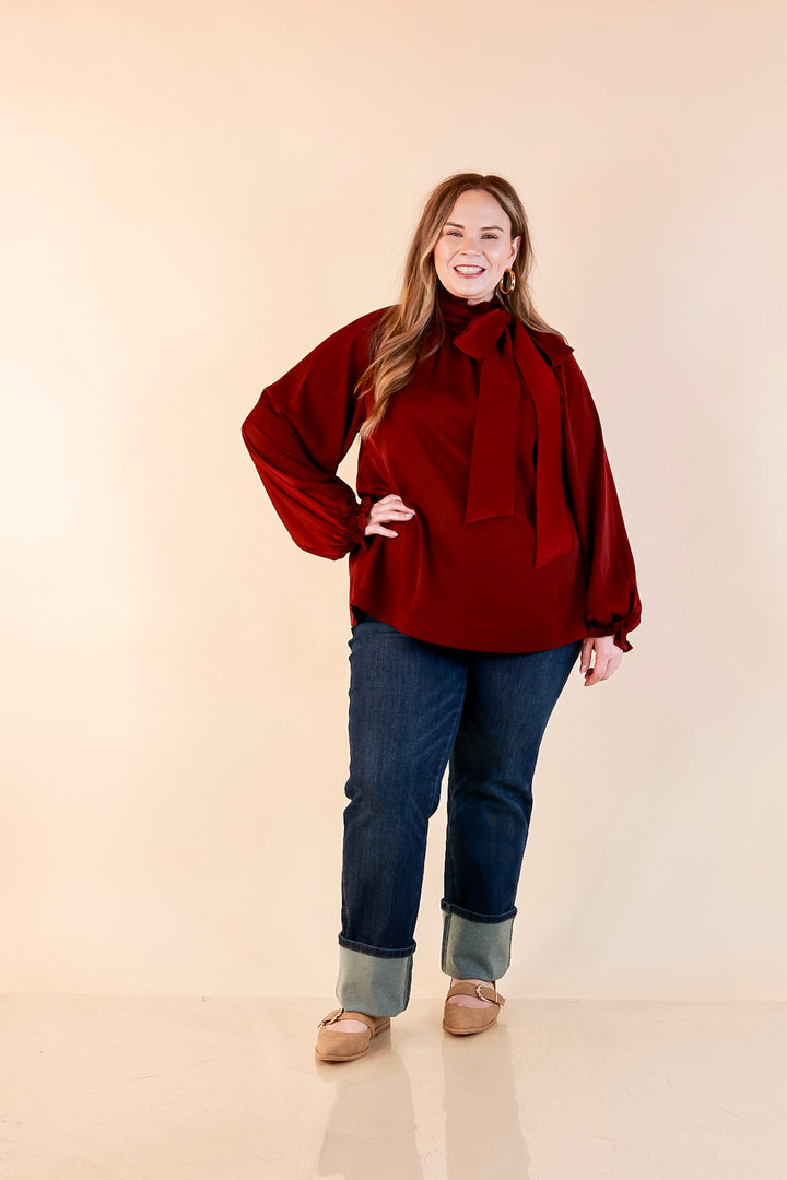 Ties That Bind Bow Tie Neck Long Sleeve Blouse in Maroon