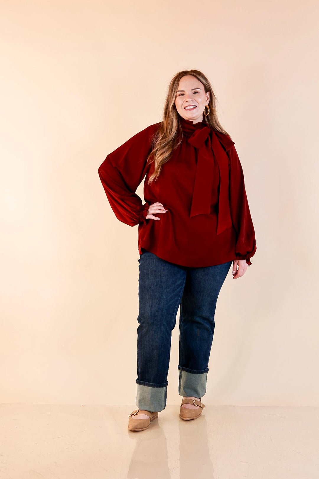 Ties That Bind Bow Tie Neck Long Sleeve Blouse in Maroon