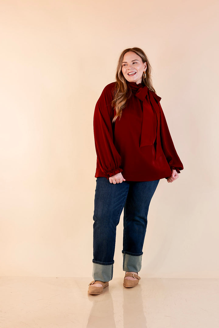 Ties That Bind Bow Tie Neck Long Sleeve Blouse in Maroon