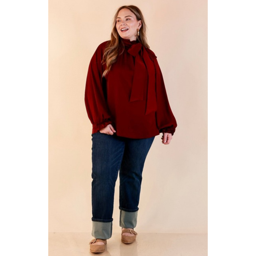 Ties That Bind Bow Tie Neck Long Sleeve Blouse in Maroon