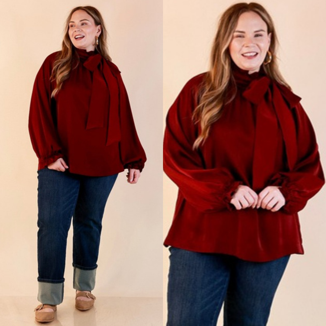 Ties That Bind Bow Tie Neck Long Sleeve Blouse in Maroon