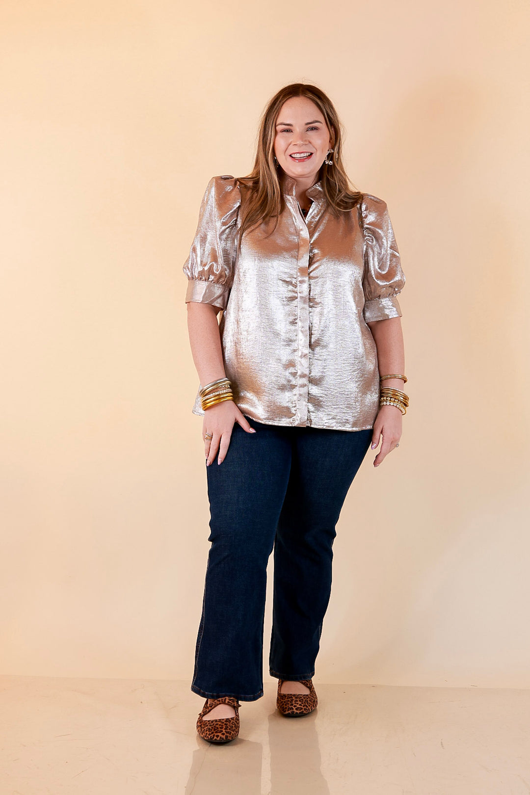 Toast of the Town Metallic Puff Sleeve Split Neck Button Up Top in Champagne