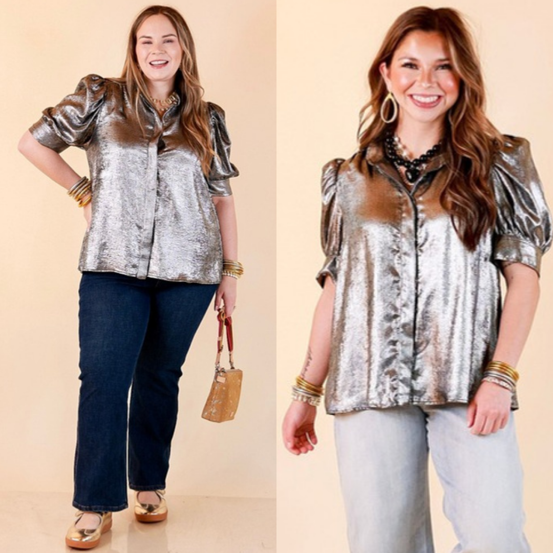 Toast of the Town Metallic Puff Sleeve Split Neck Button Up Top in Charcoal