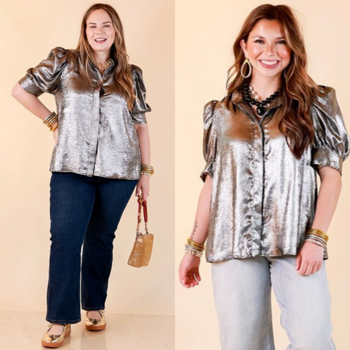 Toast of the Town Metallic Puff Sleeve Split Neck Button Up Top in Charcoal
