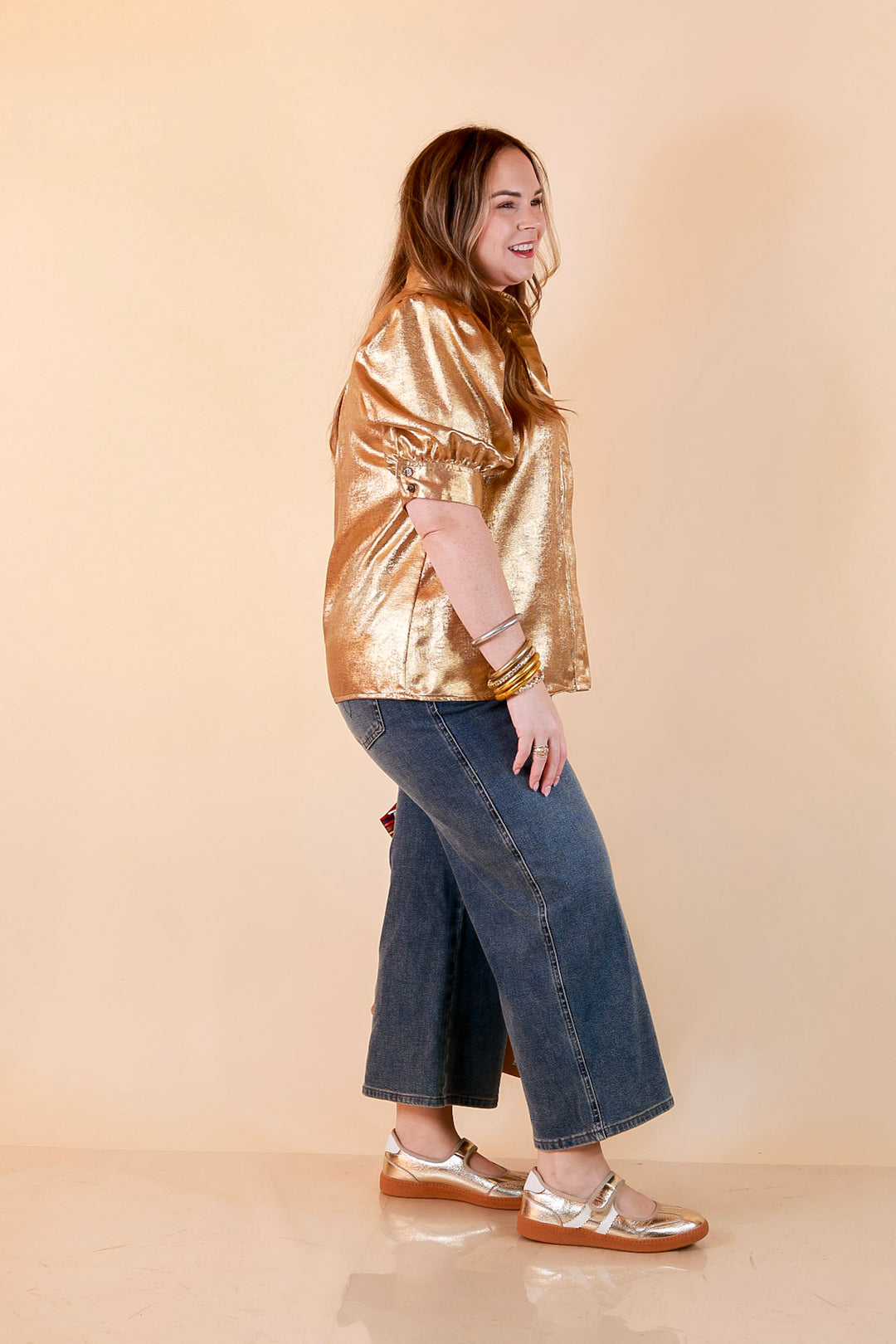 Toast of the Town Metallic Puff Sleeve Split Neck Button Up Top in Gold