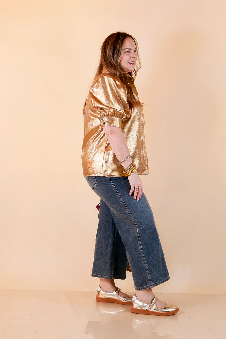 Toast of the Town Metallic Puff Sleeve Split Neck Button Up Top in Gold
