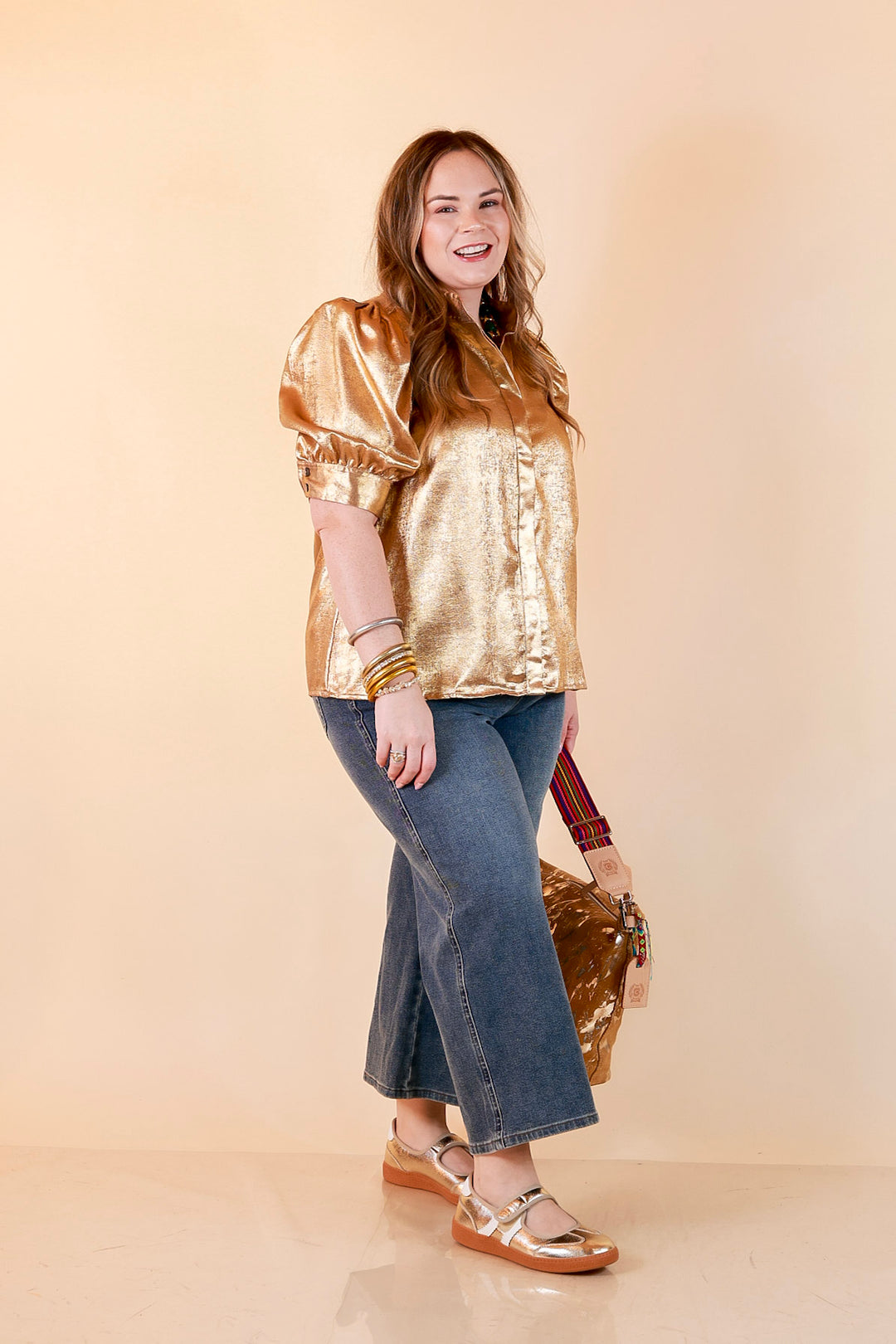 Toast of the Town Metallic Puff Sleeve Split Neck Button Up Top in Gold