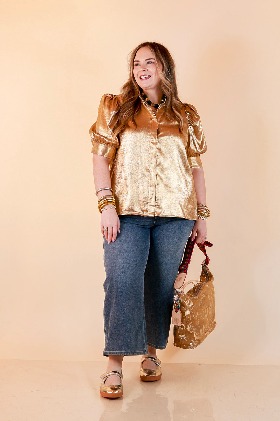 Toast of the Town Metallic Puff Sleeve Split Neck Button Up Top in Gold