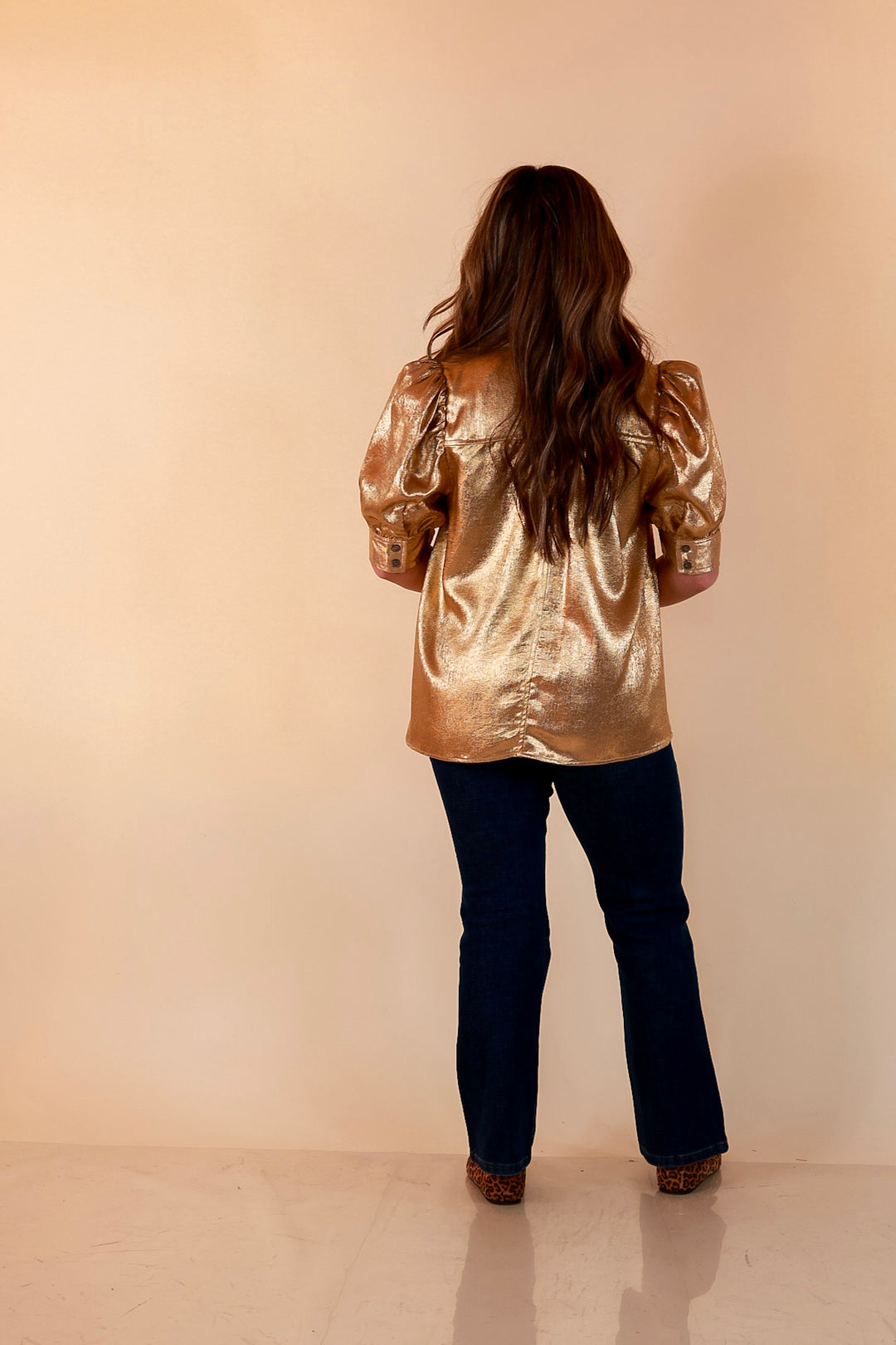 Toast of the Town Metallic Puff Sleeve Split Neck Button Up Top in Gold