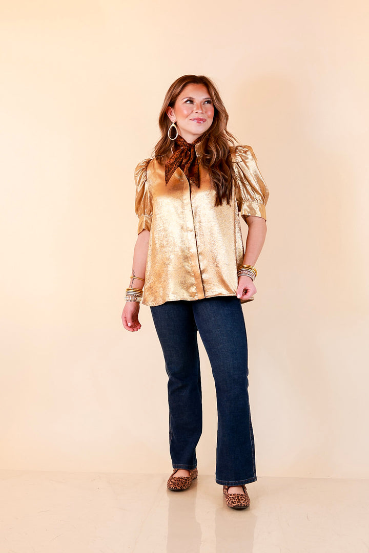 Toast of the Town Metallic Puff Sleeve Split Neck Button Up Top in Gold