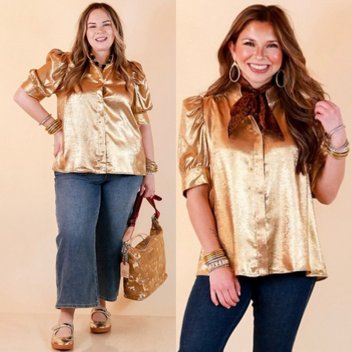 Toast of the Town Metallic Puff Sleeve Split Neck Button Up Top in Gold