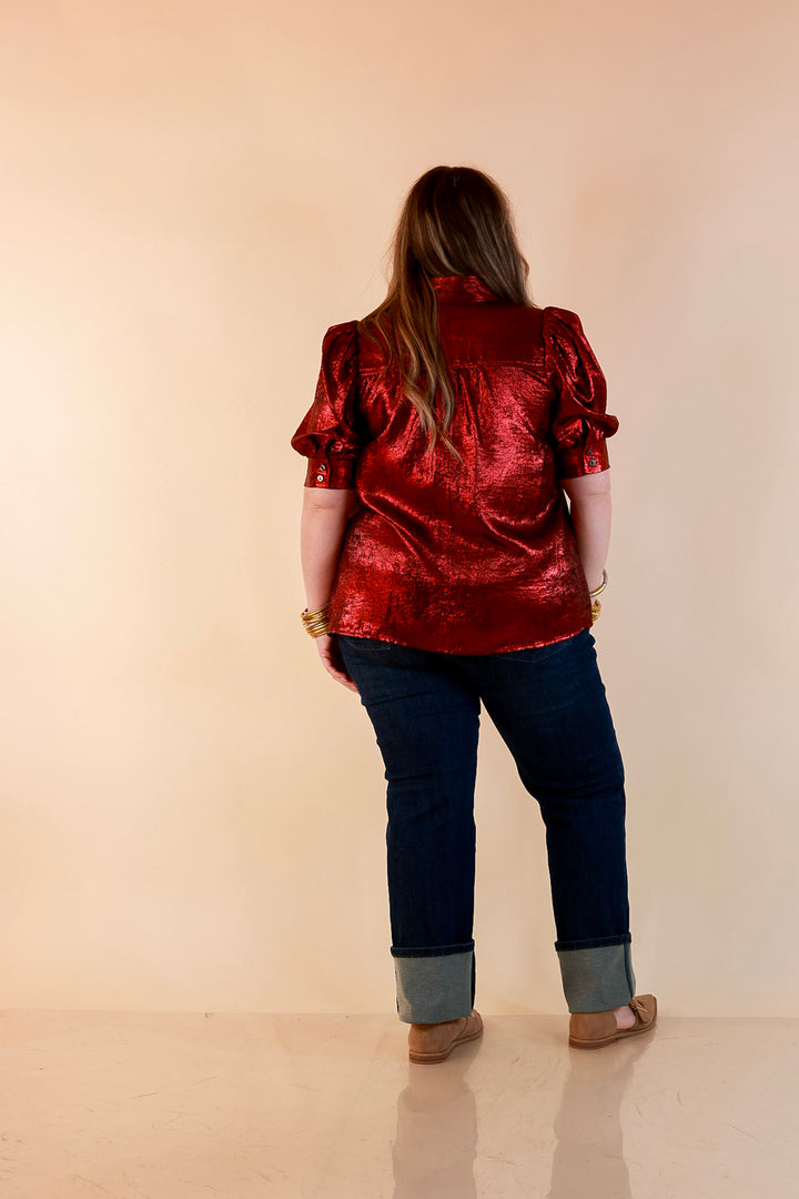 Toast of the Town Metallic Puff Sleeve Split Neck Button Up Top in Maroon