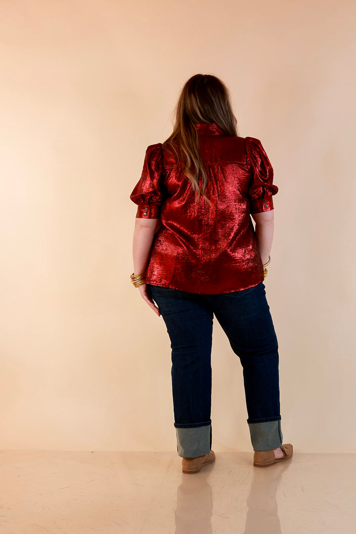 Toast of the Town Metallic Puff Sleeve Split Neck Button Up Top in Maroon