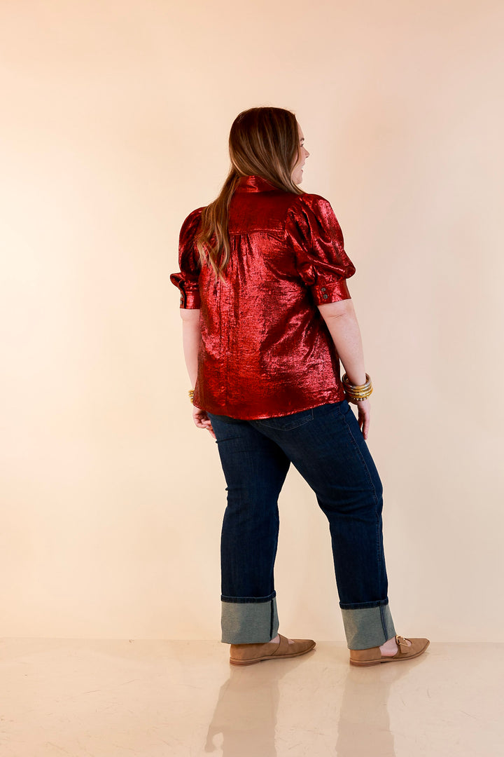 Toast of the Town Metallic Puff Sleeve Split Neck Button Up Top in Maroon