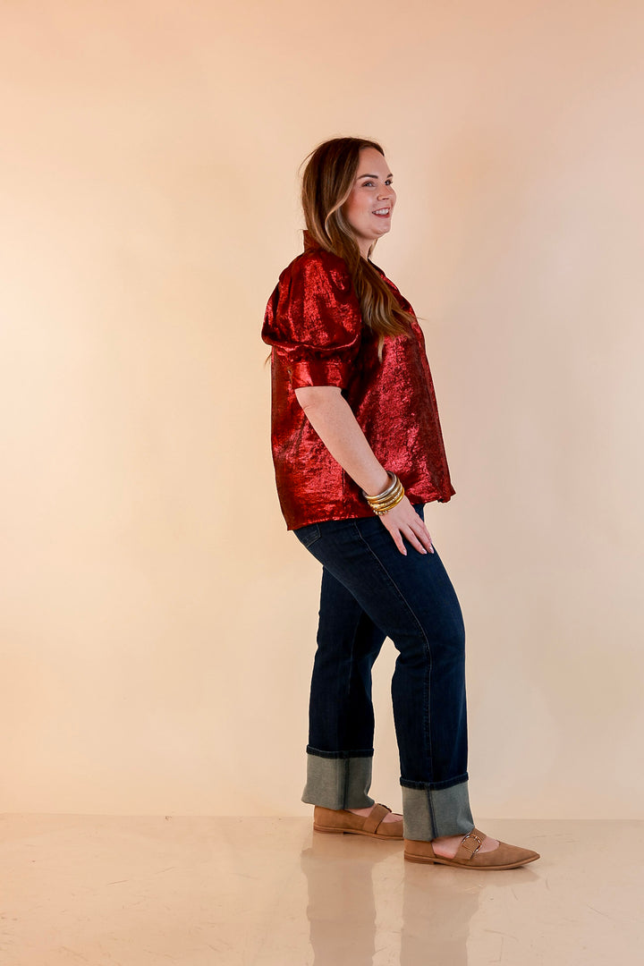 Toast of the Town Metallic Puff Sleeve Split Neck Button Up Top in Maroon