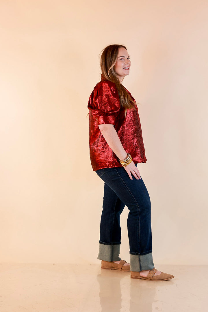 Toast of the Town Metallic Puff Sleeve Split Neck Button Up Top in Maroon