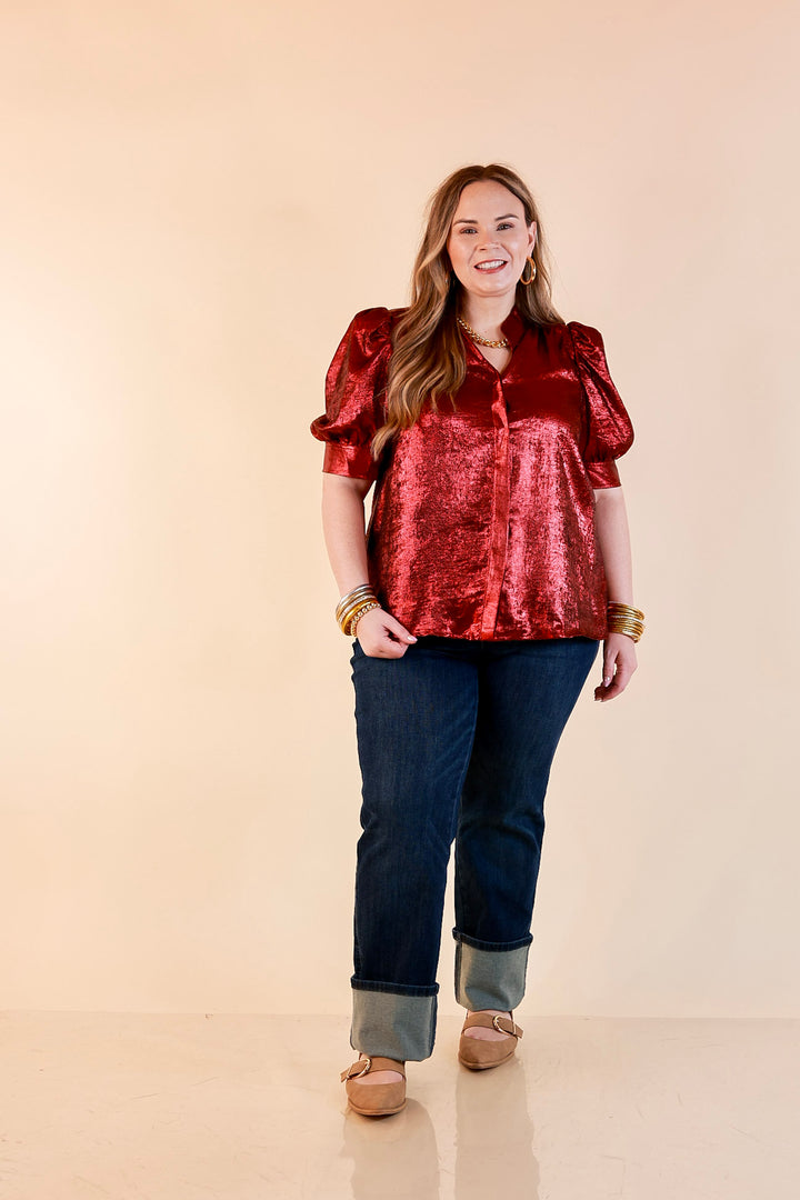 Toast of the Town Metallic Puff Sleeve Split Neck Button Up Top in Maroon