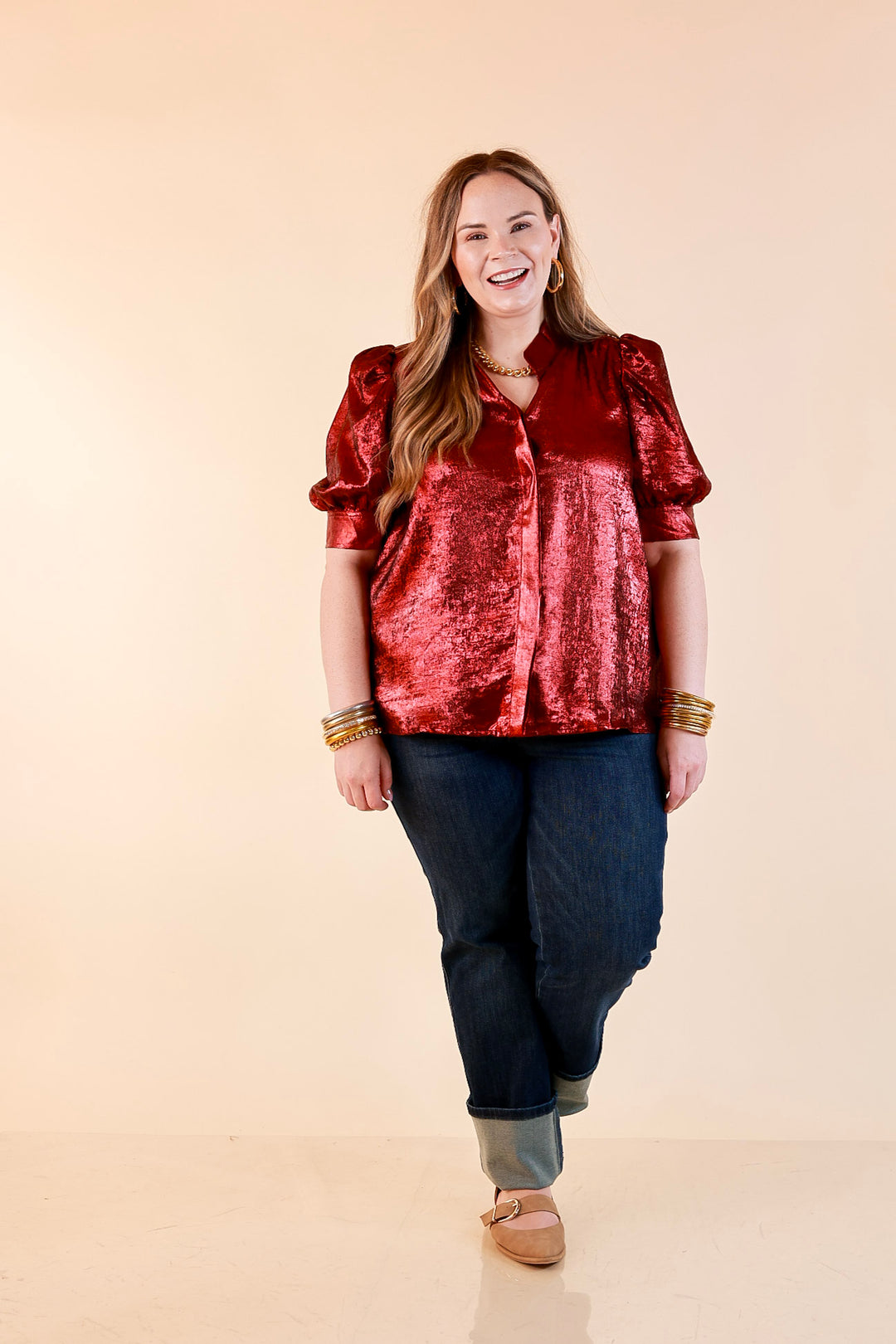 Toast of the Town Metallic Puff Sleeve Split Neck Button Up Top in Maroon