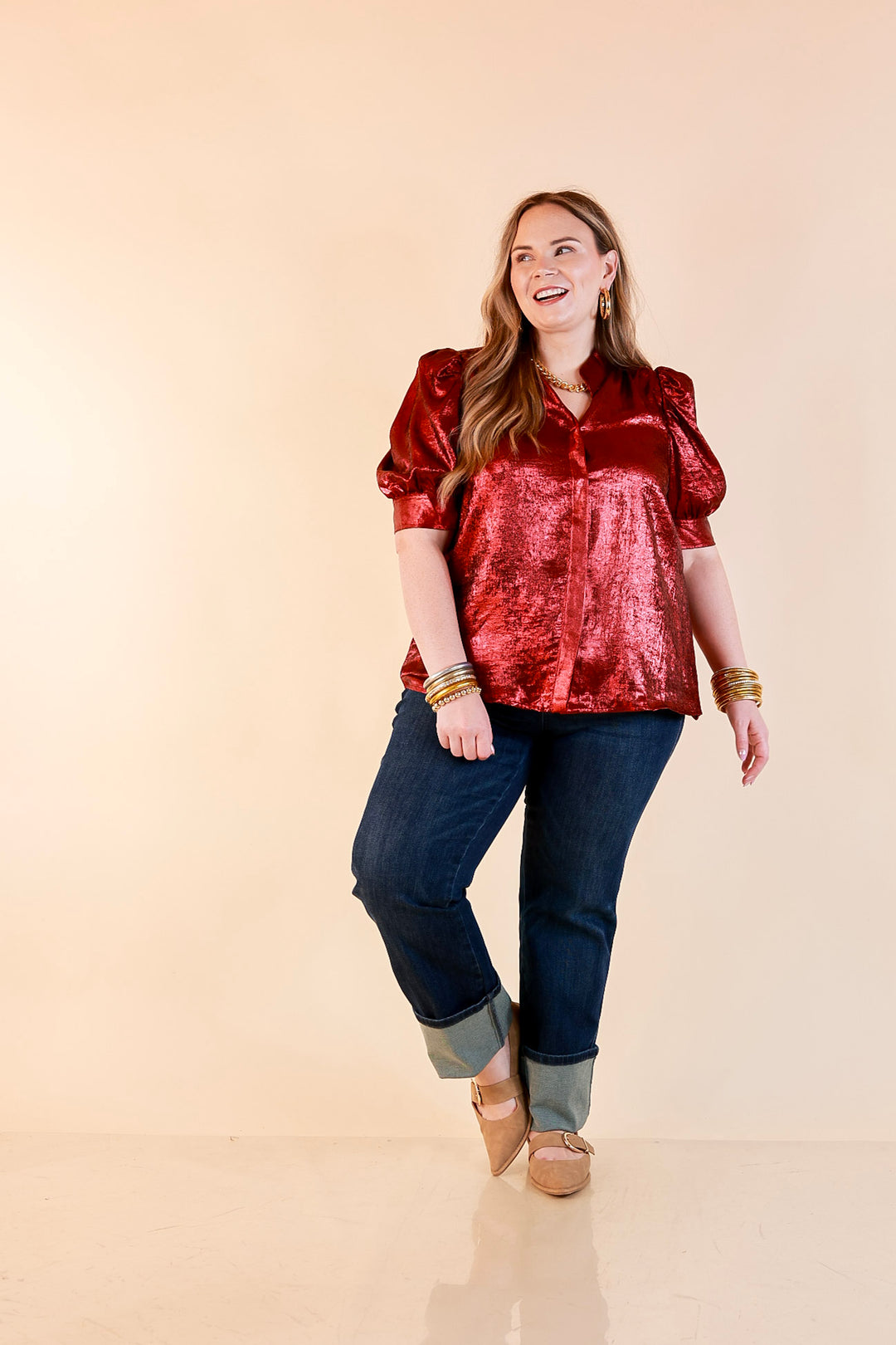 Toast of the Town Metallic Puff Sleeve Split Neck Button Up Top in Maroon