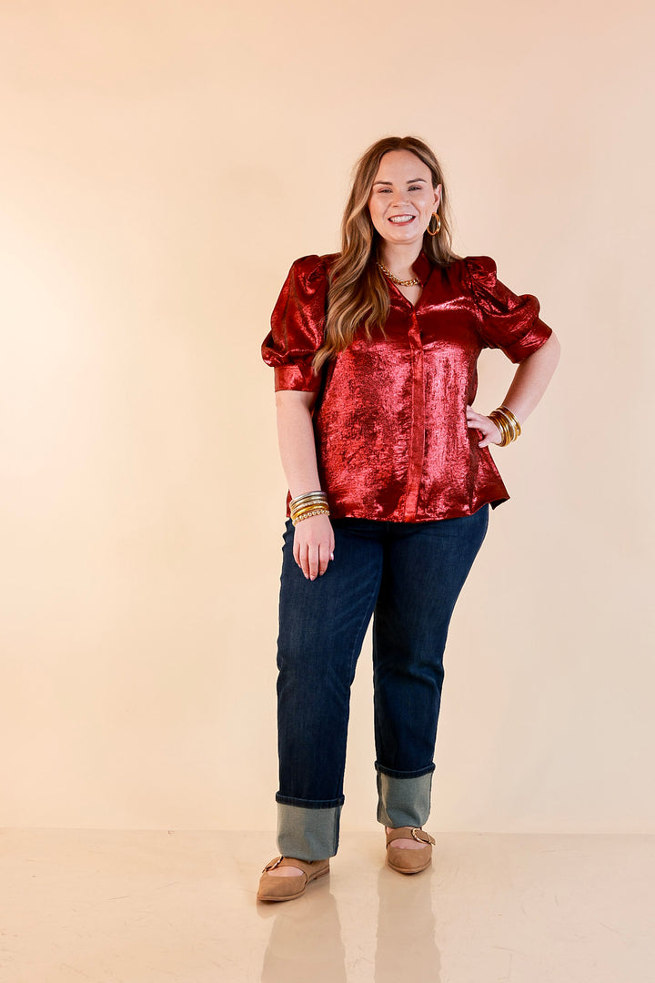 Toast of the Town Metallic Puff Sleeve Split Neck Button Up Top in Maroon