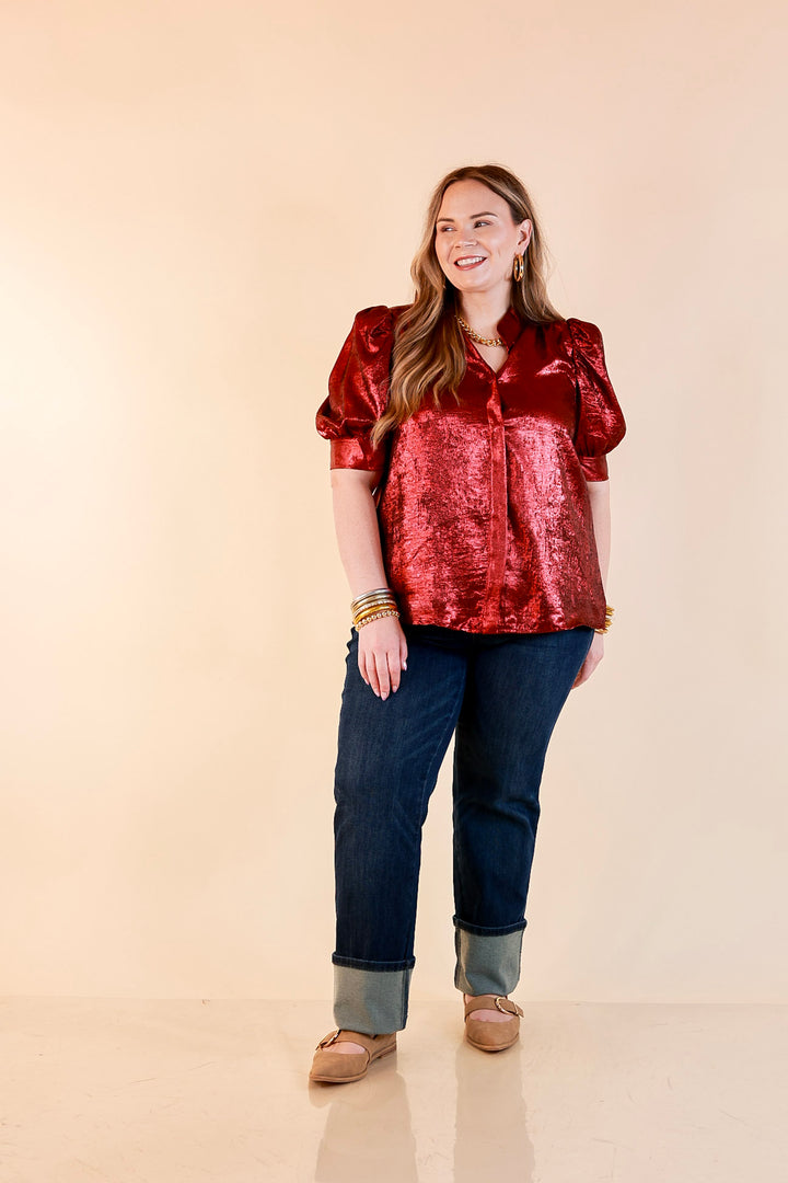 Toast of the Town Metallic Puff Sleeve Split Neck Button Up Top in Maroon