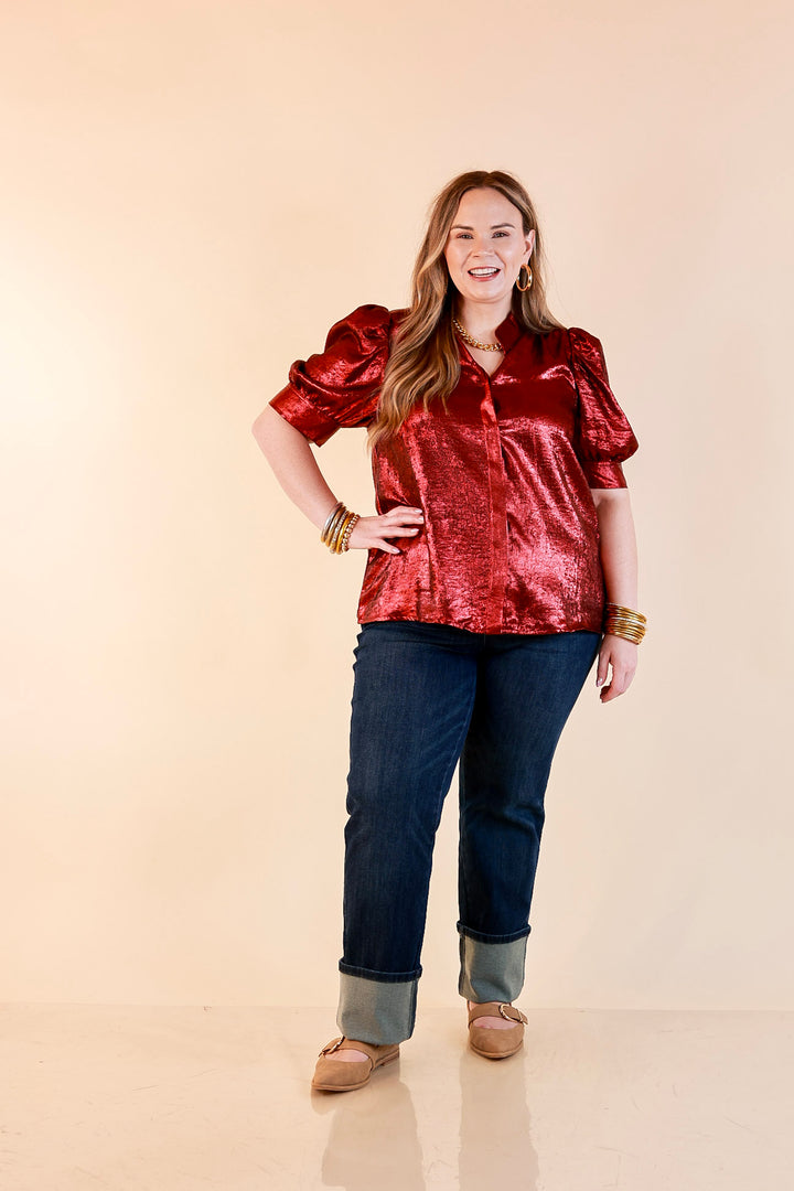 Toast of the Town Metallic Puff Sleeve Split Neck Button Up Top in Maroon