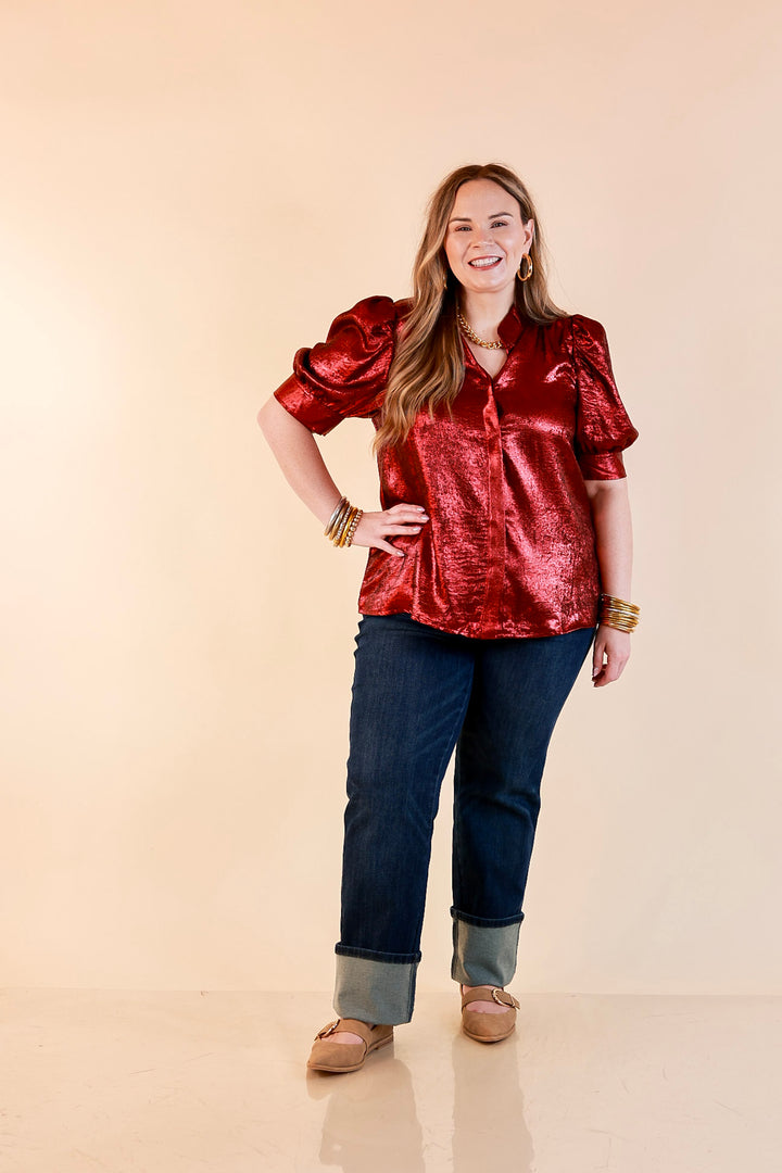 Toast of the Town Metallic Puff Sleeve Split Neck Button Up Top in Maroon