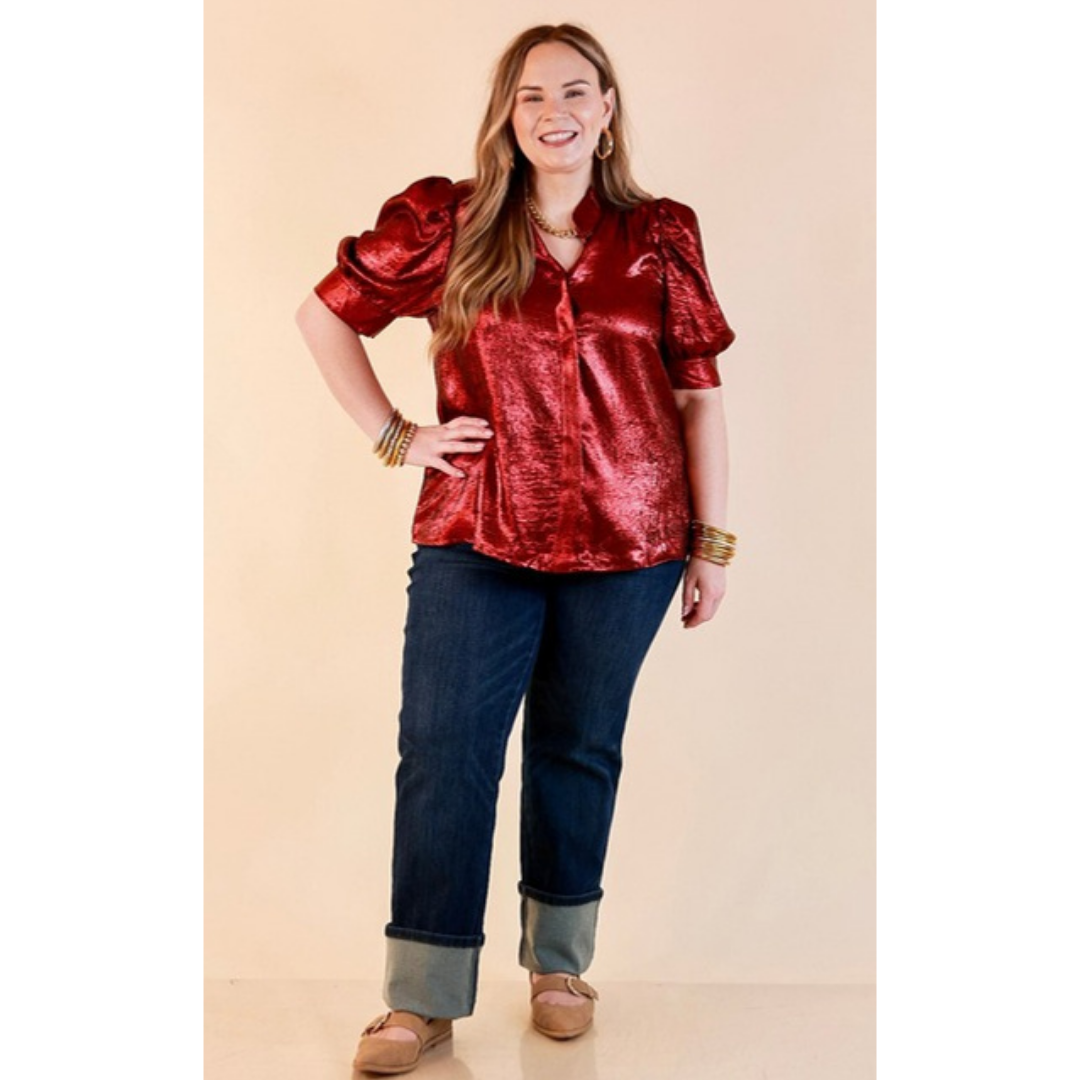 Toast of the Town Metallic Puff Sleeve Split Neck Button Up Top in Maroon
