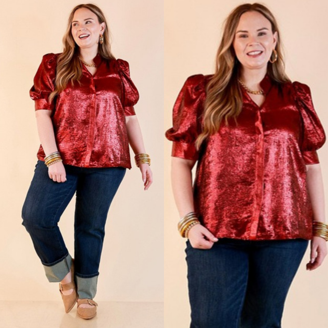 Toast of the Town Metallic Puff Sleeve Split Neck Button Up Top in Maroon