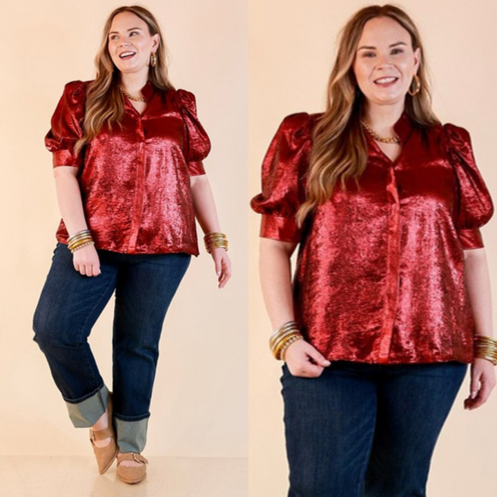Toast of the Town Metallic Puff Sleeve Split Neck Button Up Top in Maroon