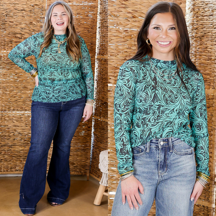Sheer Confidence Tooled Leather Print Mesh Long Sleeve Top in Turquoise Blue