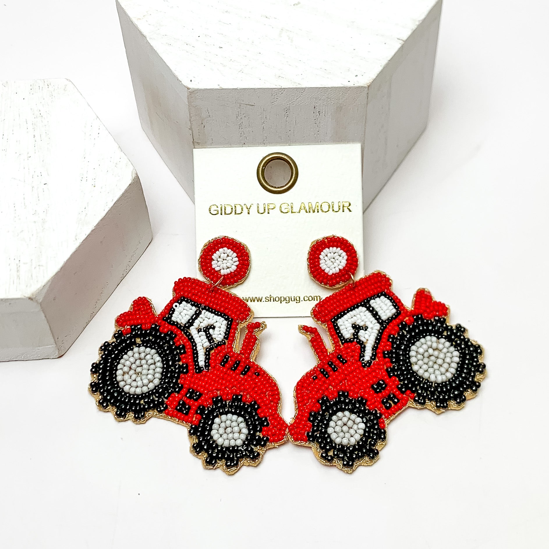 Beaded Tractor Post Back Earrings in Red - Giddy Up Glamour Boutique