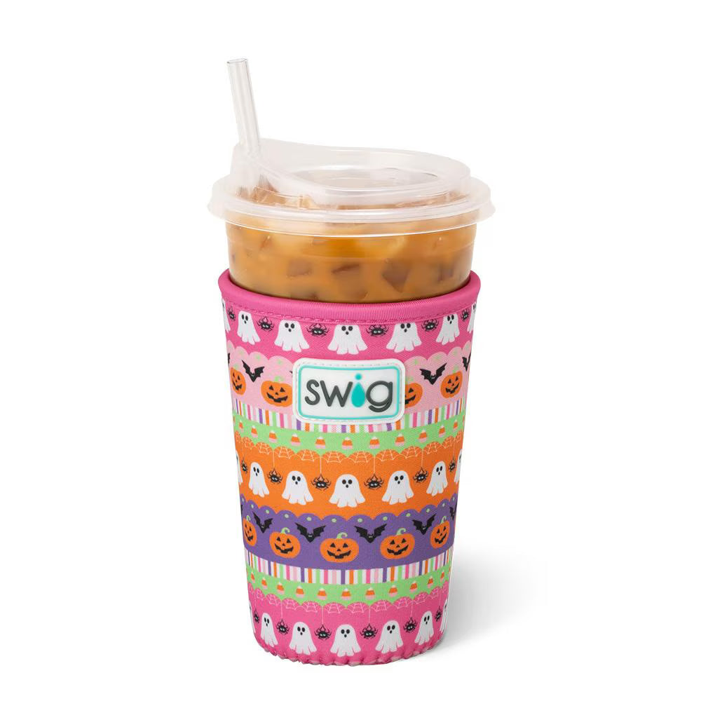 Colorful Halloween-themed cup with a pink sleeve featuring ghost, pumpkin, and candy corn designs, on a white background.