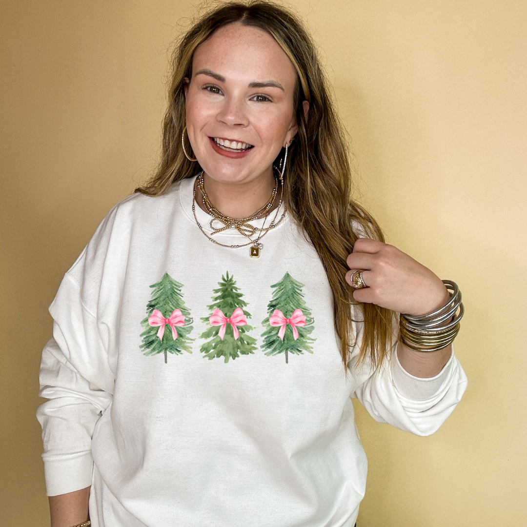 Online Exclusive | Trio Christmas Trees with Pink Bows Graphic Sweatshirt in Multiple Color Options