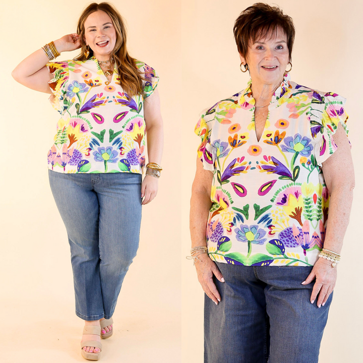 This top features ruffle cap sleeves that add a touch of whimsy, while the flattering V-neckline accentuates your neckline with grace and allure. 